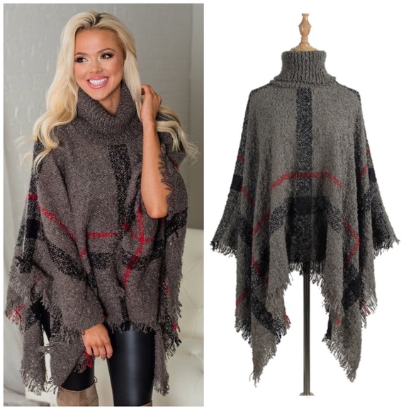 Sweaters - Gray Plaid Turtleneck Cape Poncho Knit Sweater